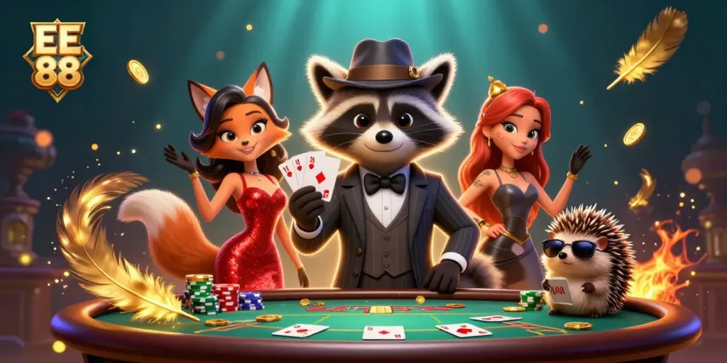 Experience excitement at EE 88 with a suave raccoon, charming fox, and a bouncer at a poker table.