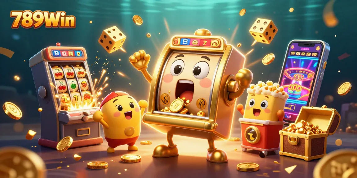 Play 789Win slots and win big with jackpots pouring from golden machines in this vibrant casino scene.