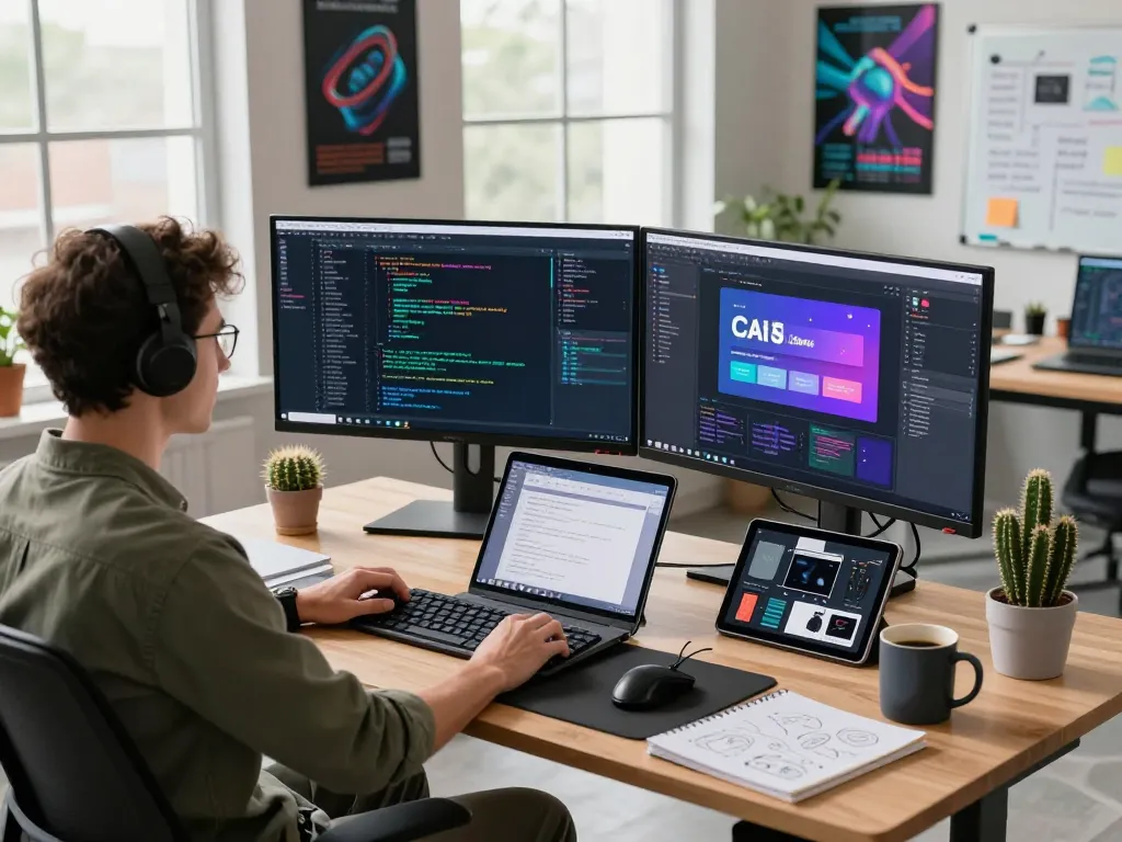Engaged developer coding with Clawdbot AI in a modern workspace filled with tech.