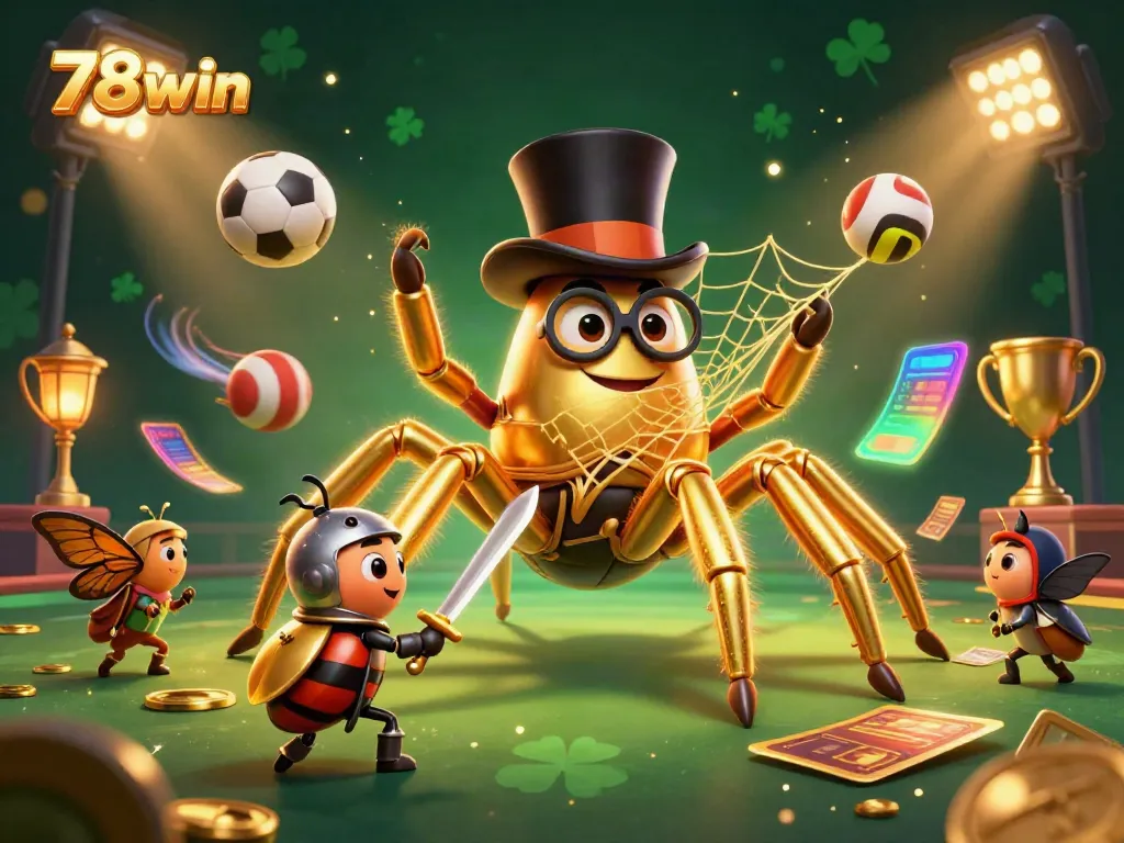 Engage with the vibrant 78win casino scene featuring a golden tarantula and beetle knight in action.