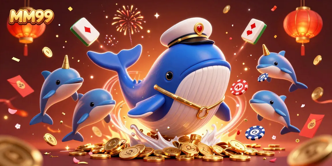 Experience exciting gameplay at MM99 with vibrant 3D whales, poker chips, and festive elements.