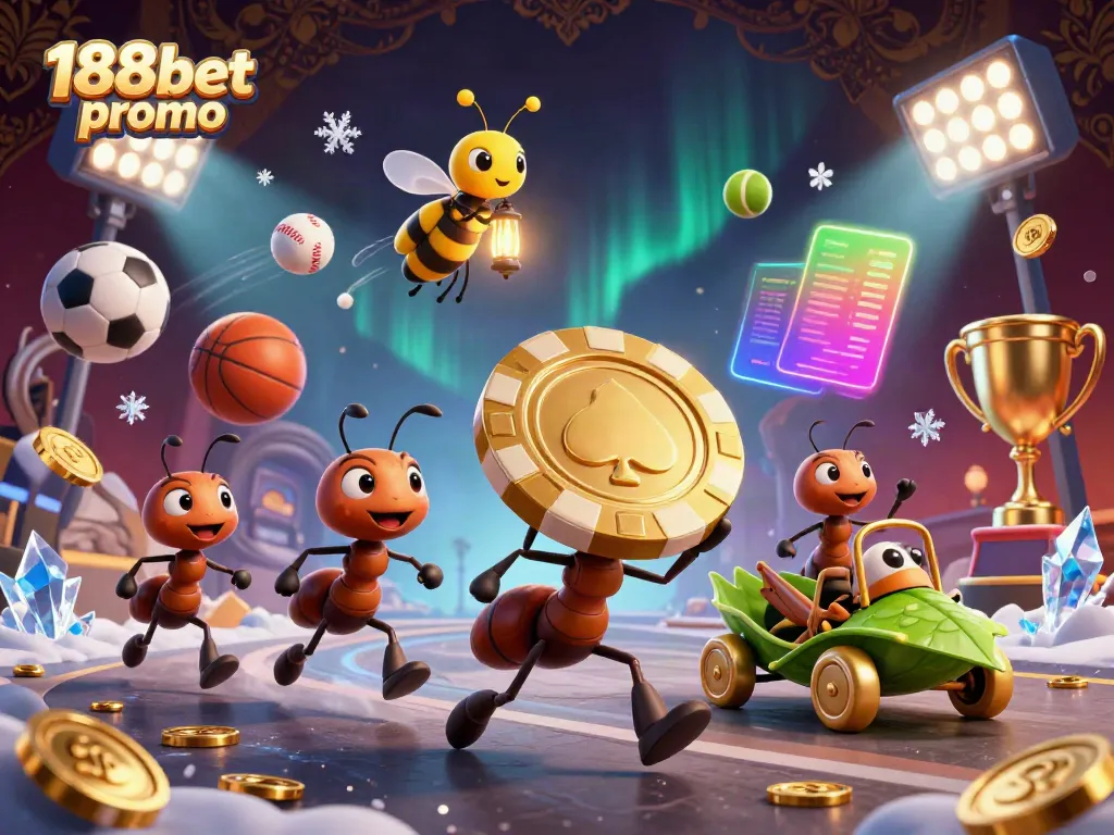Visualize the excitement of the 188bet promo with dynamic cartoon ants on a heist for a giant poker chip.