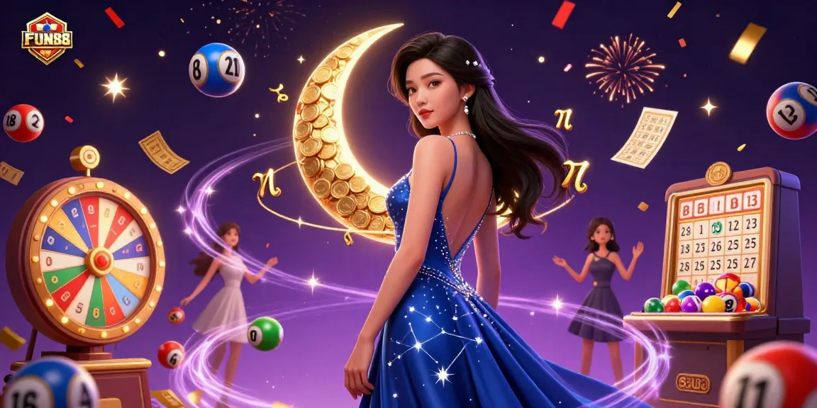 Play exciting casino games at FUN88 with a vibrant scene filled with dynamic lottery elements and enchanting visuals.