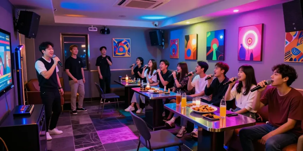 강남 달토에서 즐거운 가라오케 경험을 하고 있는 손님들, 음료와 간식이 있는 현대적인 노래방.