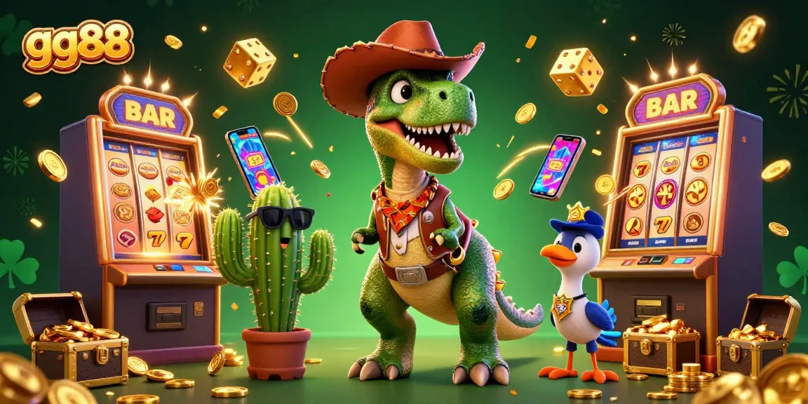 Experience the thrill of winning at gg88 with a vibrant 3D casino scene featuring a T-Rex and more.