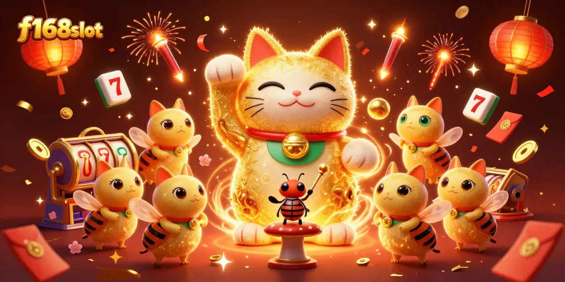 Experience f168slot's vibrant gaming world with a lucky cat and dynamic casino symbols!