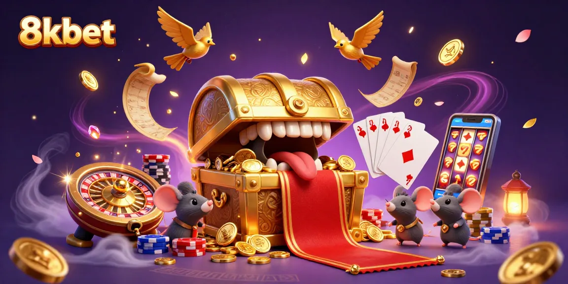 Experience exciting adventures with 8kbet as treasure chest characters guide you through thrilling casino games.